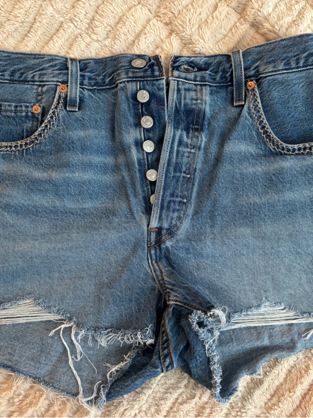 Levi's Faded Blue Distressed Button-Fly Jean Shorts